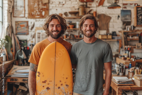 Two Men Holding Surfboard Together © Ala