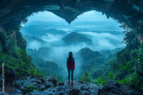 A woman stands in a cave surrounded by heart-shaped stone walls and looks at a beautiful morning mountain landscape