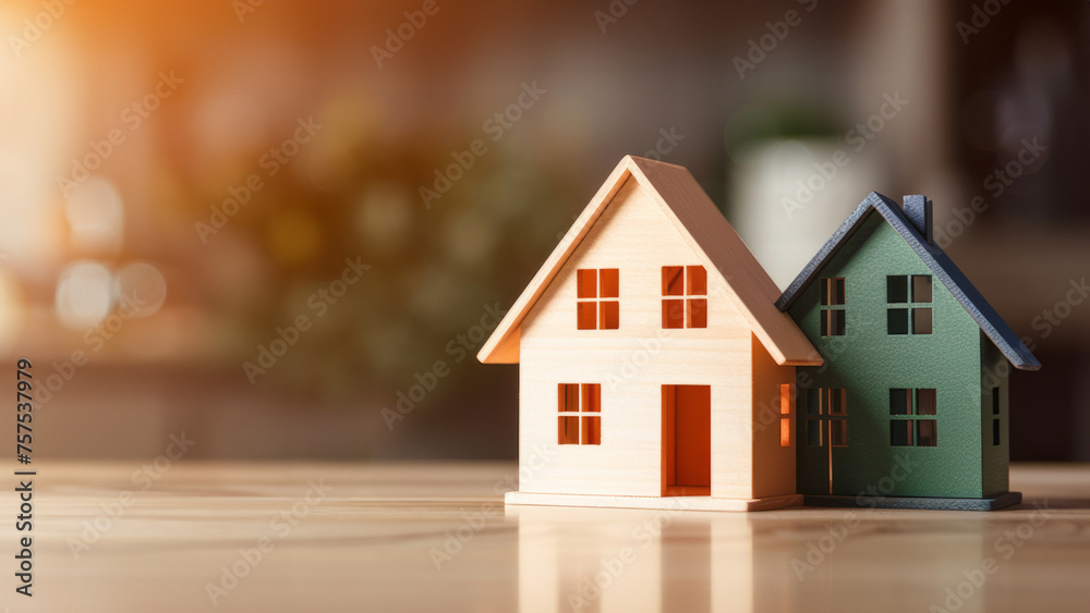 Minimalist homes. Two small wooden model houses green and beige side by side on table with warm light background, real estate concepts. Market comparison, homeownership and real estate investment.