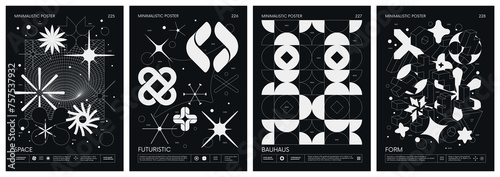 Black and White minimalistic Posters acid style with strange wireframes geometrical shapes and silhouette y2k basic figures, futuristic design inspired by brutalism, set 57 photo
