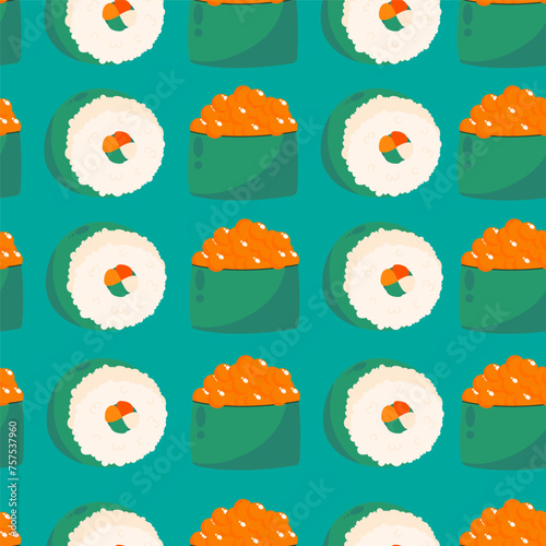 Vector seamless sushi pattern.rolls with fish,rice,cucumber.Sushi pattern, Asian food.Sea food illustration.