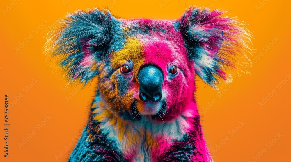 a close up of a koala's face with multi - colored paint all over it's body.