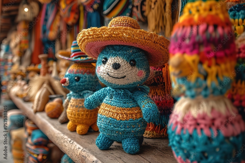 A traditional Mexican market, with colorful piñatas, sombreros, and mariachi music