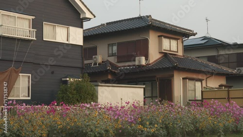 Traditional Japanese Home with Flower Garden, Cozy Suburban House in Japan