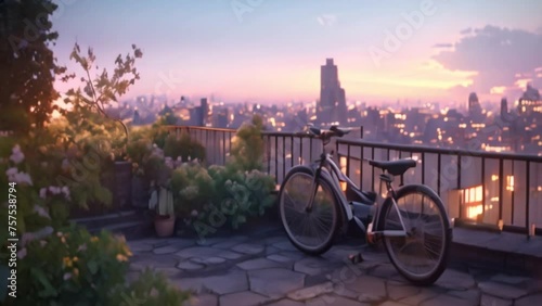sunset over the city and bicycle view photo