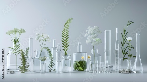 the synergy between natural organic botany and scientific glassware, showcasing alternative medicine herbs and natural beauty skin care products, in a research and development concept.