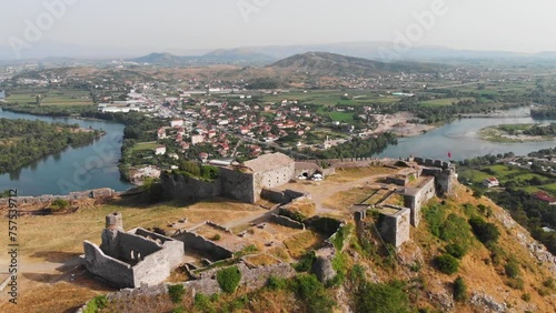 Aerial panoramic of medieval Rozafa Castle or Shkoder Castle in Shkoder photo