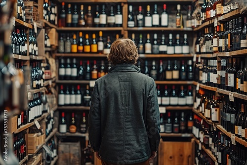 Create an image of a person shopping for fine wines in a wine cellar with racks of bottles photo