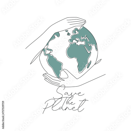 In these linear art vector illustrations, you'll find Planet Earth embraced by caring hands, encircled by green leaves, and the message "Save the Planet." 