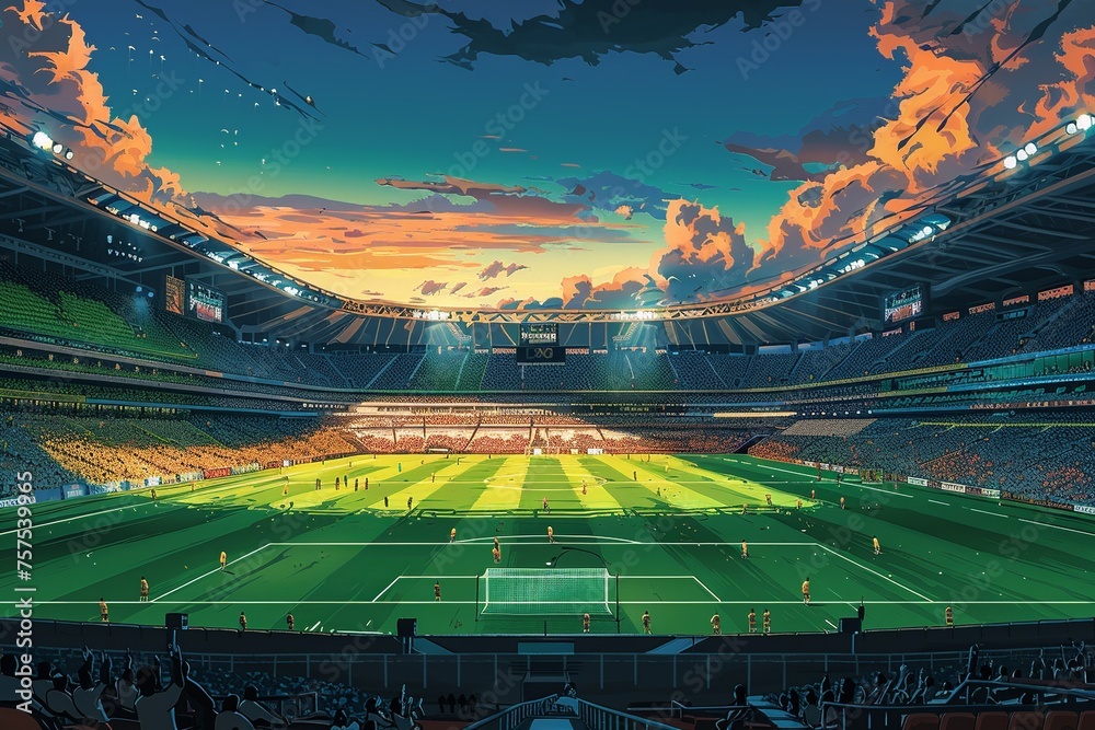 This dynamic illustration captures the electric atmosphere of a soccer match with vibrant green grass, enthusiastic fans, and the grandeur of the stadium, inviting viewers into the heart of the game This dynamic illustration captures the electric atmosphere of a soccer match with vibrant green grass, enthusiastic fans, and the grandeur of the stadium, inviting viewers into the heart of the game