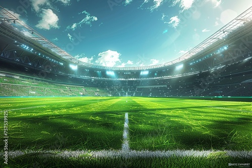 This dynamic illustration captures the electric atmosphere of a soccer match with vibrant green grass, enthusiastic fans, and the grandeur of the stadium, inviting viewers into the heart of the game