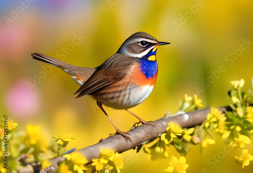 male bluethroat bird sits on a branch in spring blooming garden and singing