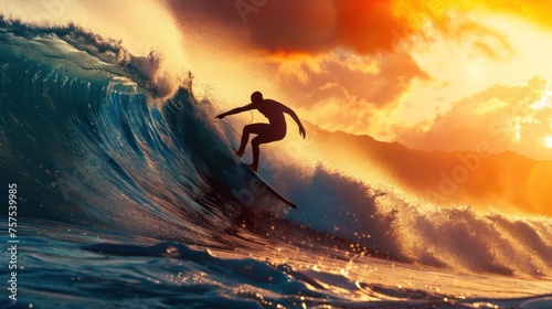 Surfer riding ocean waves at sunset © fajar