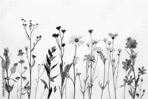 Monochrome botanical floral pattern with various flowers. A seamless, elegant black and white floral pattern featuring assorted blooming flowers and foliage, perfect for a variety of design uses.