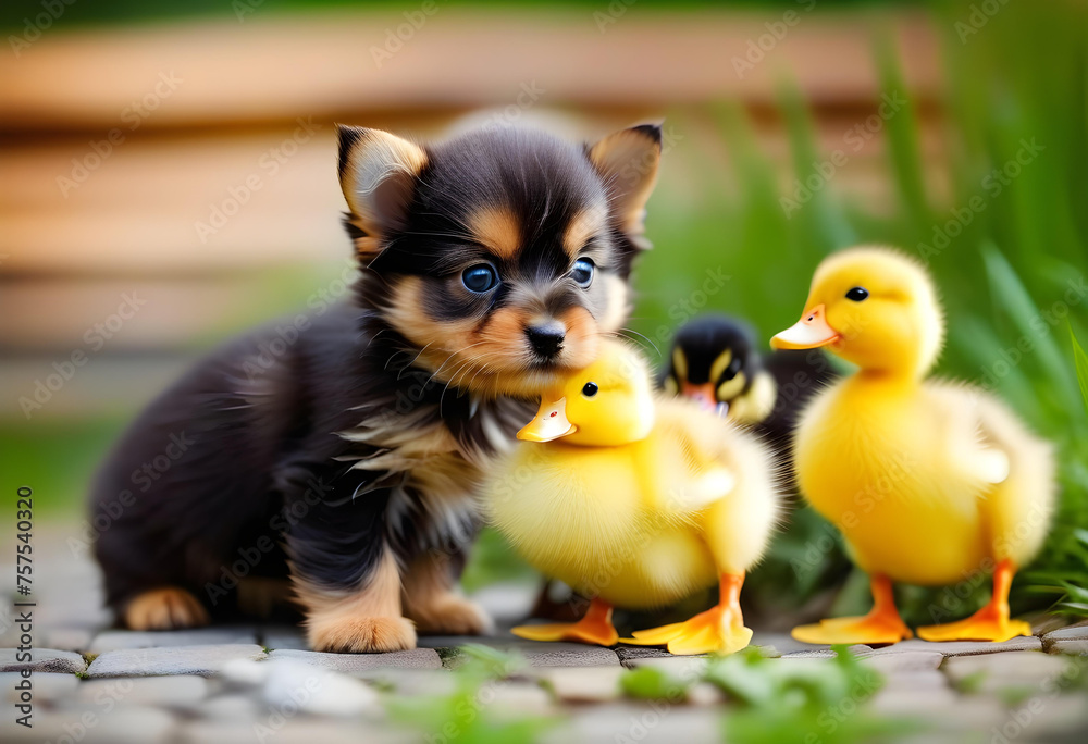 Group of pets together outdoors in summer. Little kitten, dog and