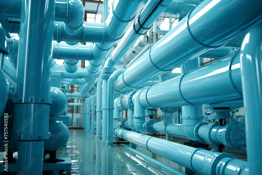 A complex network of large blue pipes running through an industrial building, conveying fluids and materials efficiently.