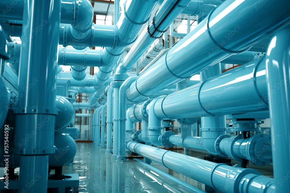 A complex network of large blue pipes running through an industrial building, conveying fluids and materials efficiently. A complex network of large blue pipes running through an industrial building, conveying fluids and materials efficiently.