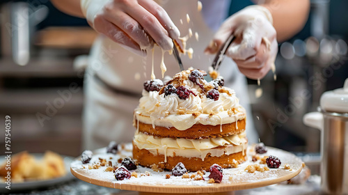 A person baking a multi-layered cake, symbolizing layering and complexity in business processes