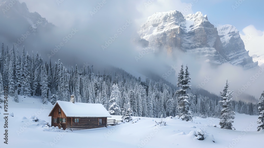 A remote cabin nestled in a snowy forest. The cabin is surrounded by snow-covered trees and mountains in the distance.