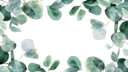 Watercolor banner with green eucalyptus leaves and branches on transparent. Spring or summer flowers for invitation, wedding or greeting cards.