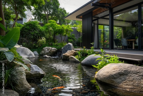 A natural koi fish pond surrounded by large rocks and lush green plants in front of a modern minimalist house