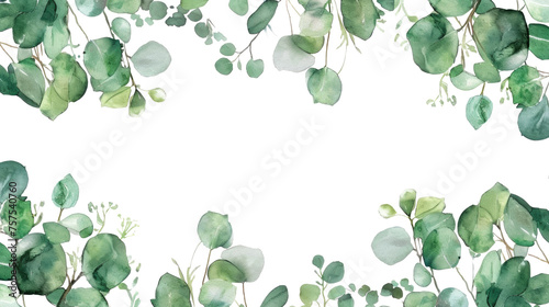 Watercolor banner with green eucalyptus leaves and branches on transparent. Spring or summer flowers for invitation, wedding or greeting cards. photo