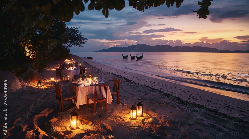 A beautiful beach dinner setting with a view of the ocean. The sun is setting, and the sky is ablaze with color.