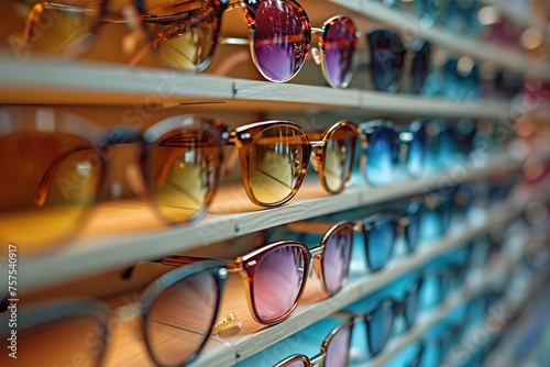 Generate an image of a person trying on designer sunglasses at a high-end eyewear boutique
