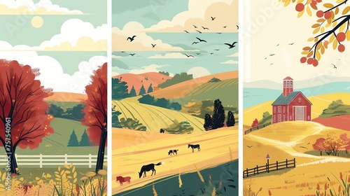 A vector illustration of a rural landscape. The image features a red barn, a tree, and a horse grazing in a field. photo