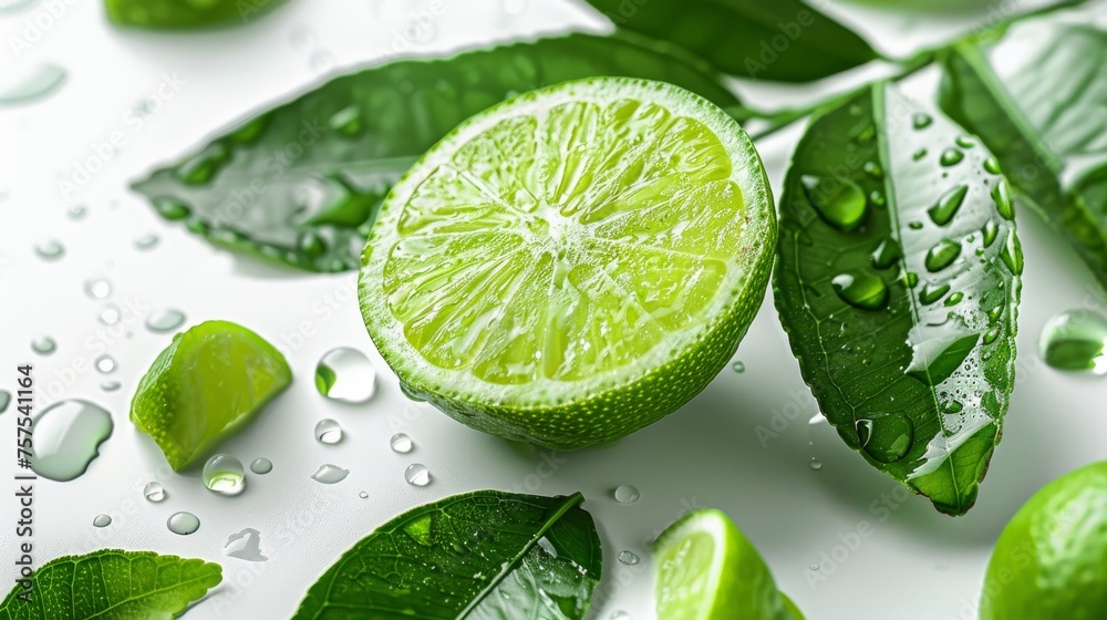 Fresh lime slices with water droplets for vibrant culinary themes. Green citrus leaves with dew, perfect for refreshing summer recipes. Juicy lime wedges on white background for health and wellness. Fresh lime slices with water droplets for vibrant culinary themes. Green citrus leaves with dew, perfect for refreshing summer recipes. Juicy lime wedges on white background for health and wellness.
