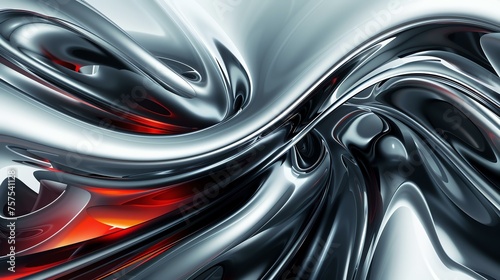 3D rendering of a silver metallic surface with red and orange highlights. The surface is smooth and reflective, with a liquid-like appearance.