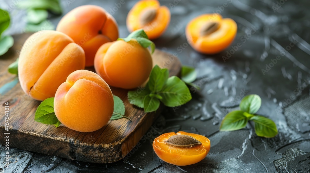 Ripe apricots on wooden board with green leaves against dark background. Fresh apricot halves with stones on rustic surface for healthy eating. Juicy apricots with fresh basil Ripe apricots on wooden board with green leaves against dark background. Fresh apricot halves with stones on rustic surface for healthy eating. Juicy apricots with fresh basil