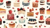 A seamless pattern of various cakes and cupcakes, decorated with strawberries, blueberries, and other fruits. The background is a light cream color.