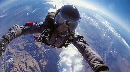 Skydiver is flying through the air above the mountains. He is wearing a black helmet and a gray jumpsuit. The sky is blue, and the sun is shining.