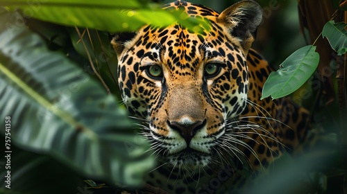 A stunning close-up portrait of a jaguar, Panthera onca, in the rainforest. The big cat is looking at the camera with an intense stare. photo