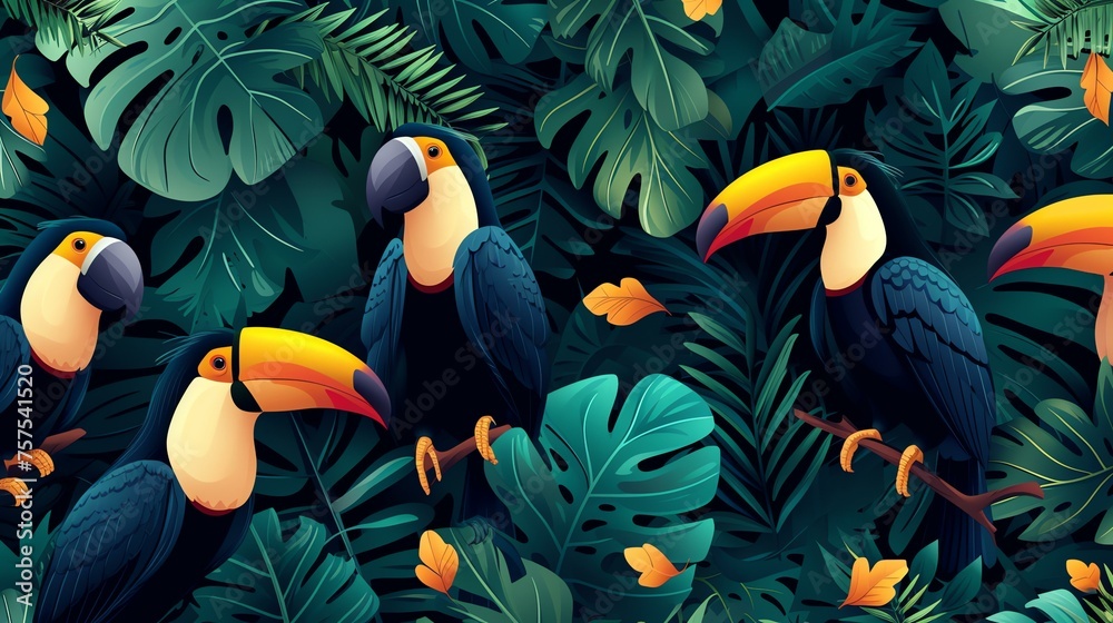 Naklejka premium This is a seamless pattern of tropical leaves with toucans. The toucans are sitting on branches and surrounded by lush green leaves.