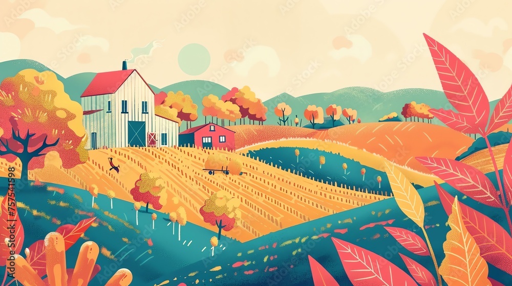 A beautiful landscape of a farm in the fall. The leaves on the trees in the front are a variety of colors, such as red, orange, yellow, and green.
