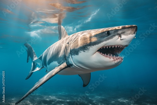 A shark in the water with its mouth wide open, displaying rows of sharp teeth. © Oleksandr