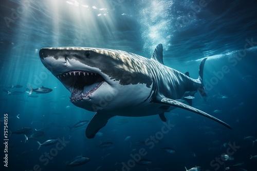 A shark in the water with its mouth wide open, displaying rows of sharp teeth.