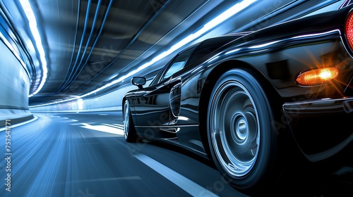 Black sleek sports car speeding through a tunnel with a blue light trail.