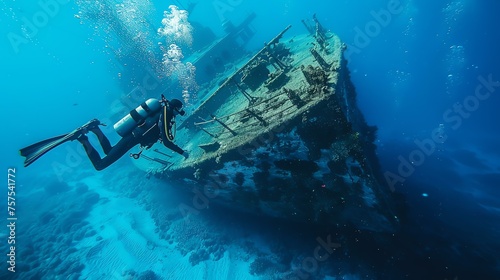 Underwater world. A scuba diver explores a shipwreck.