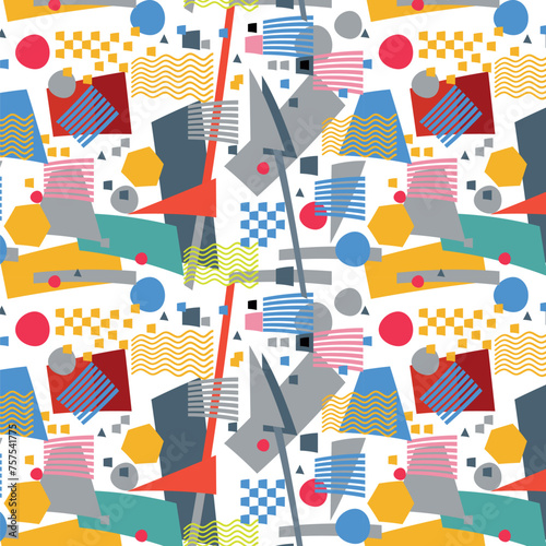 Pattern of multi-colored geometric shapes - circles, waves, arrows, rectangles.eps