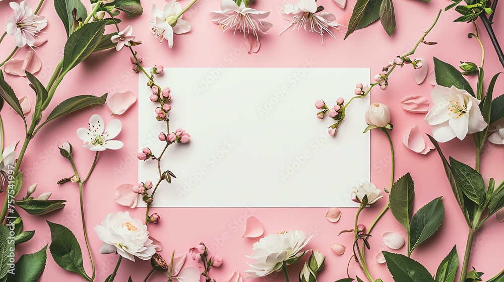 Soft pink background with a frame of various flowers and green leaves. There is a blank white card in the center for your message.