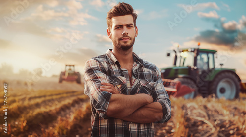 Portrait of proud young farmer with his arms crossed and looking at camera in the field with tractors in the background. Copy space design