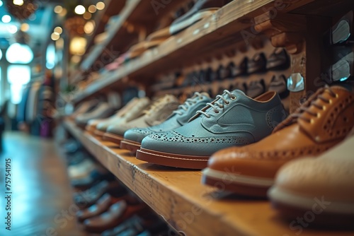 Illustrate a fashionable shoe boutique with rows of designer shoes and trendy displays