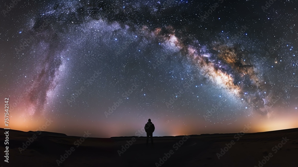Under a magnificent night sky filled with stars, a lone figure stands in the desert, marveling at the celestial wonders above.