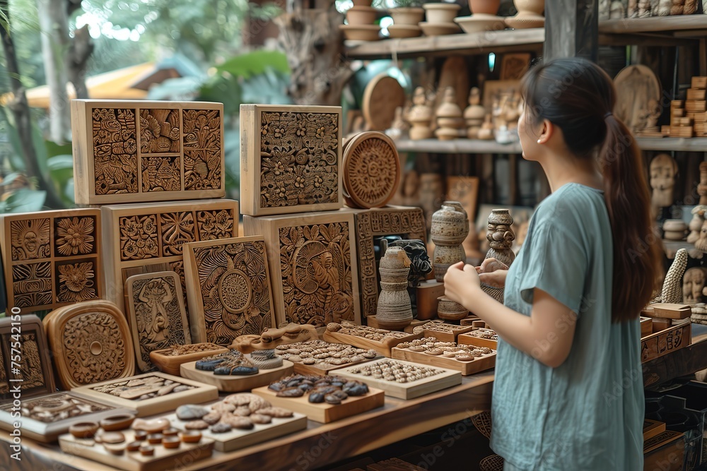 Illustrate a person browsing for handmade crafts at a local artisan market