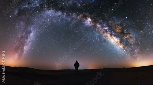 Under a magnificent night sky filled with stars, a lone figure stands in the desert, marveling at the celestial wonders above.