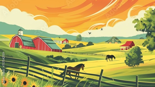 A beautiful landscape of a farm with a red barn, green fields, and a horse grazing in the pasture.