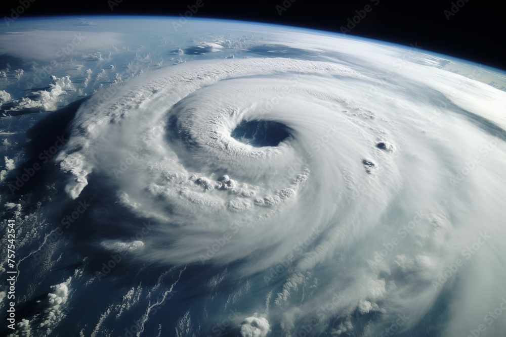 A satellite captures a powerful hurricane swirling over the vast expanse of the ocean, showcasing its spiral structure and massive cloud cover.